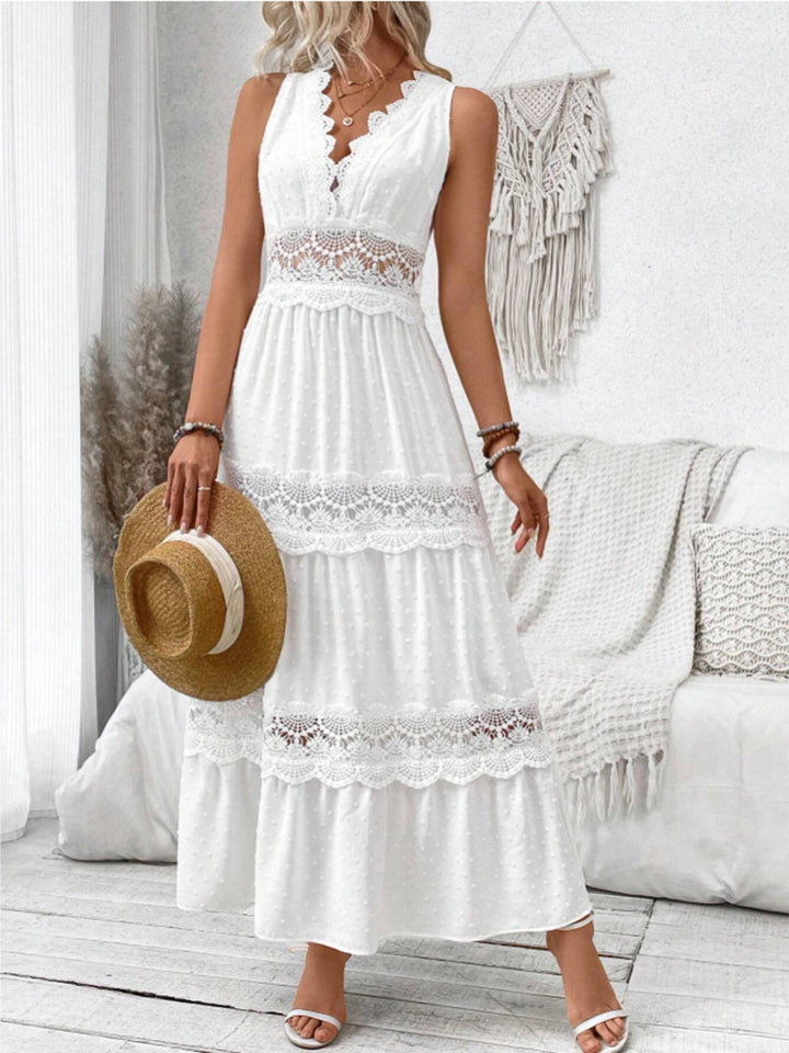 White Sleeveless swiss dot tiered maxi dress with lace trim