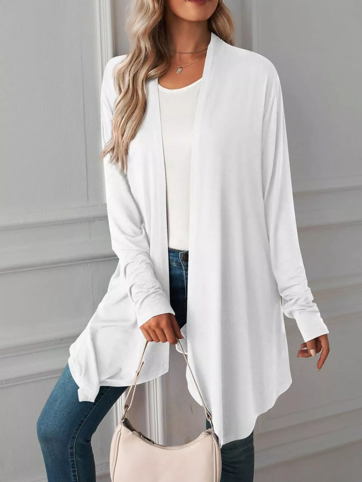 Lightweight open front cardigan with draped waterfall hem