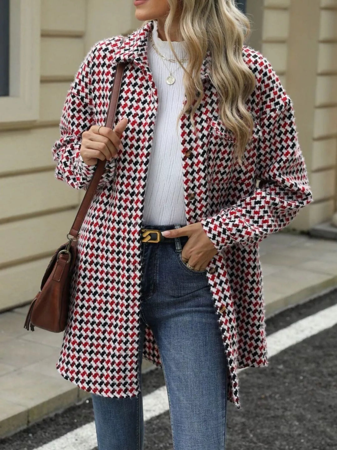 Houndstooth button-up shacket coat with chest pocket