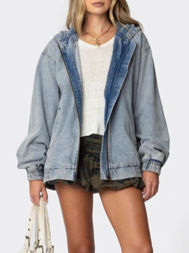 Hooded oversized zip-up denim jacket with elastic cuffs