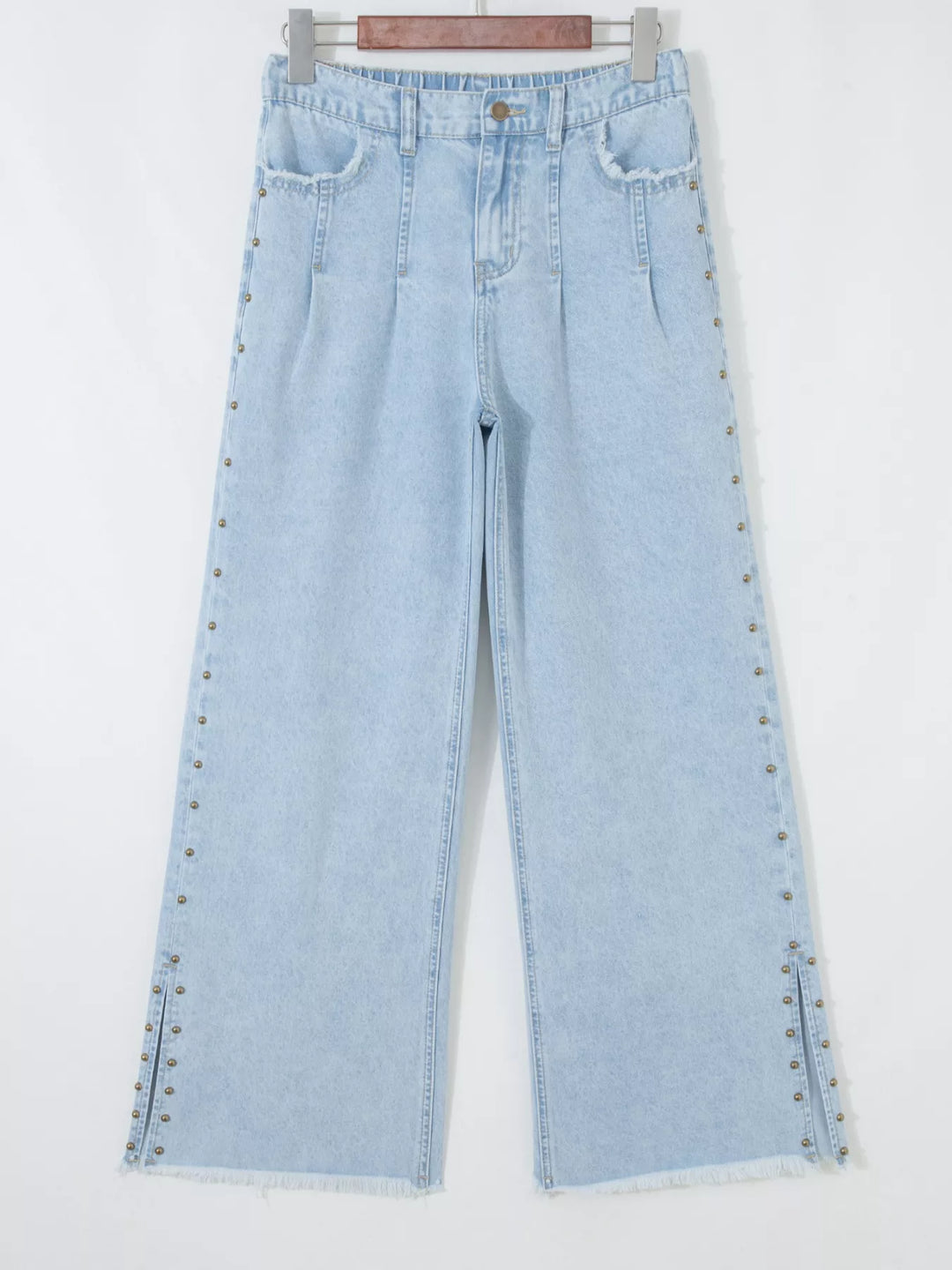 Studded wide leg jeans with side slits and frayed hem