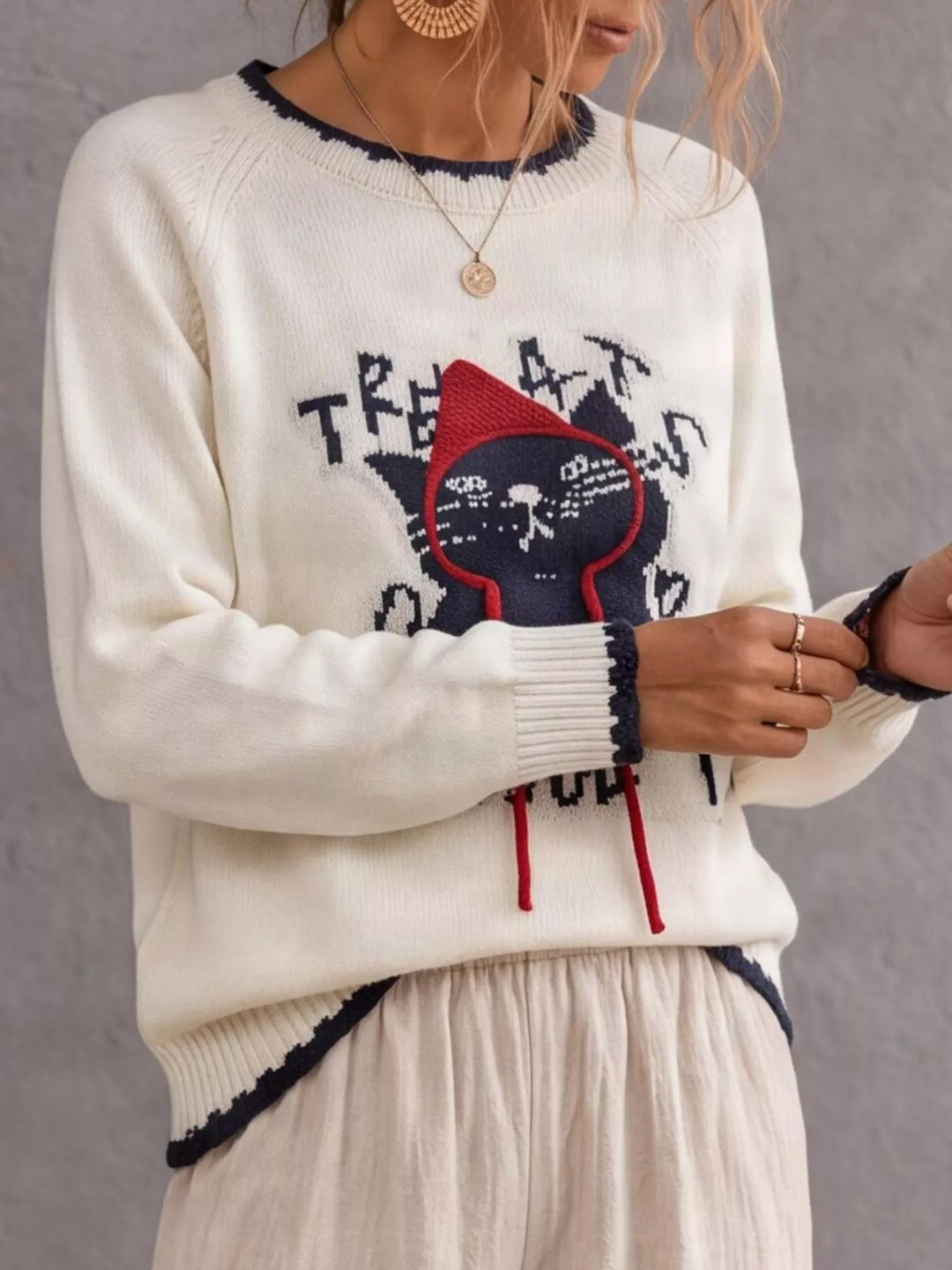 Cat graphic raglan sleeve knit sweater with contrast trim