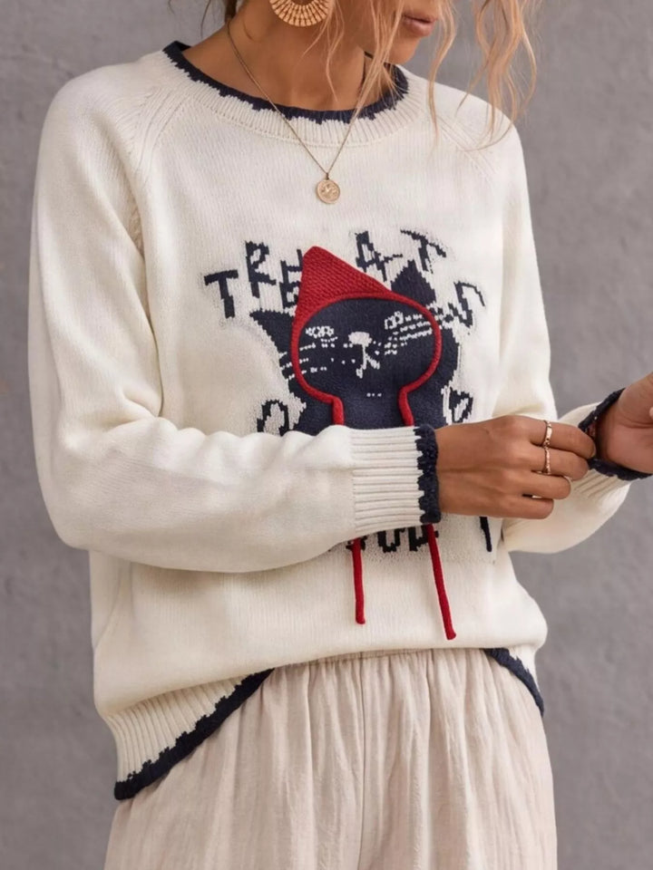 Cat graphic raglan sleeve knit sweater with contrast trim