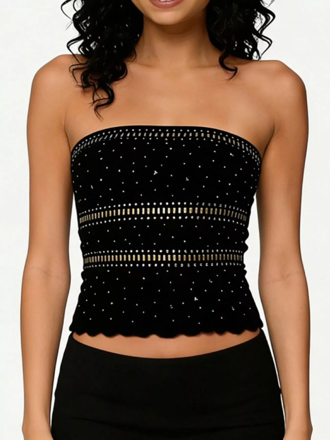 Rhinestone strapless crop top with cutout bands and scalloped hem