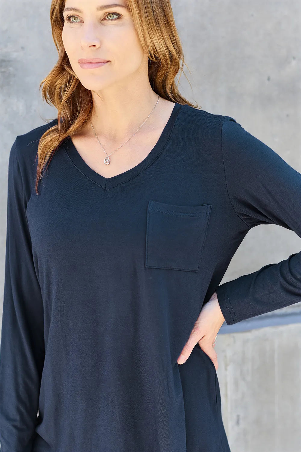 V-neck long sleeve top with chest pocket