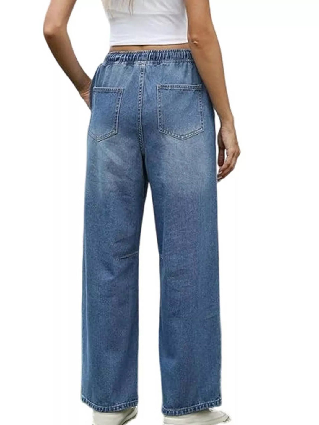 Wide-leg drawstring jeans with elastic waist and pockets