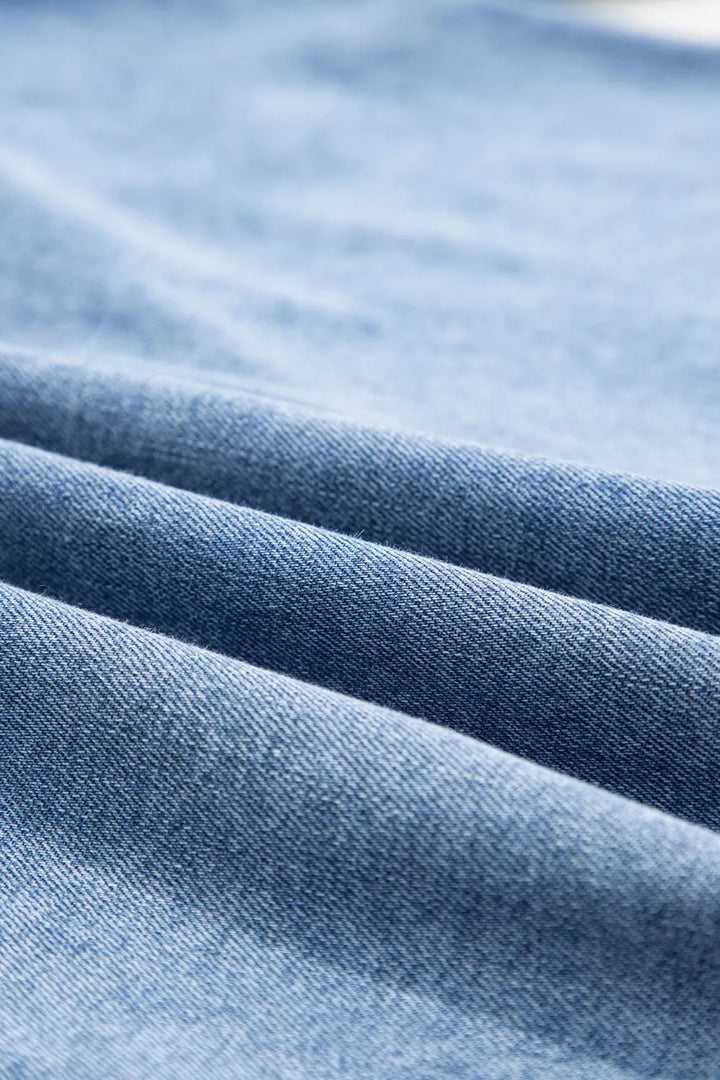 Puff half-sleeve collared denim button-down shirt