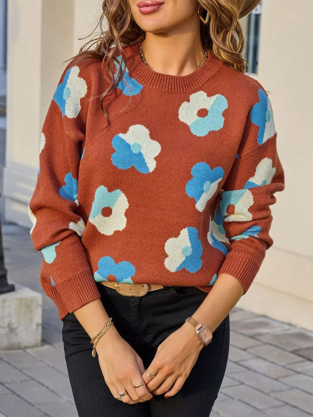 Retro floral crew neck knit pullover sweater