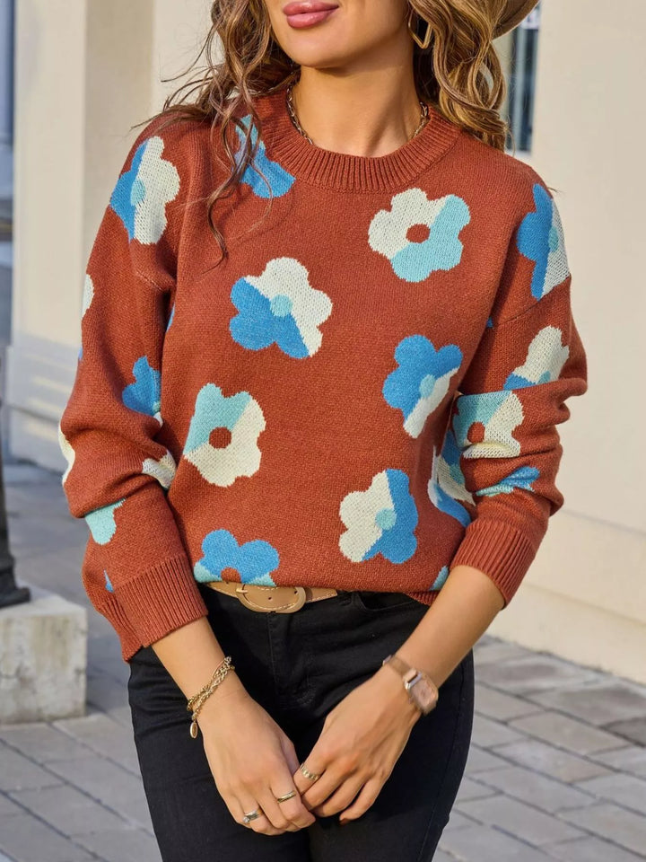 Retro floral crew neck knit pullover sweater