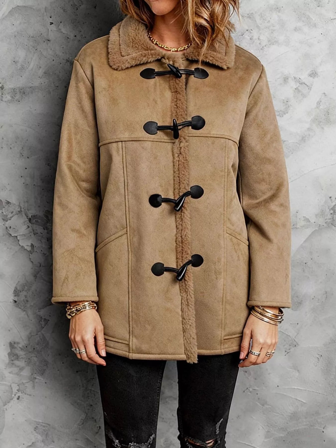 Faux suede sherpa-lined coat with toggle closures