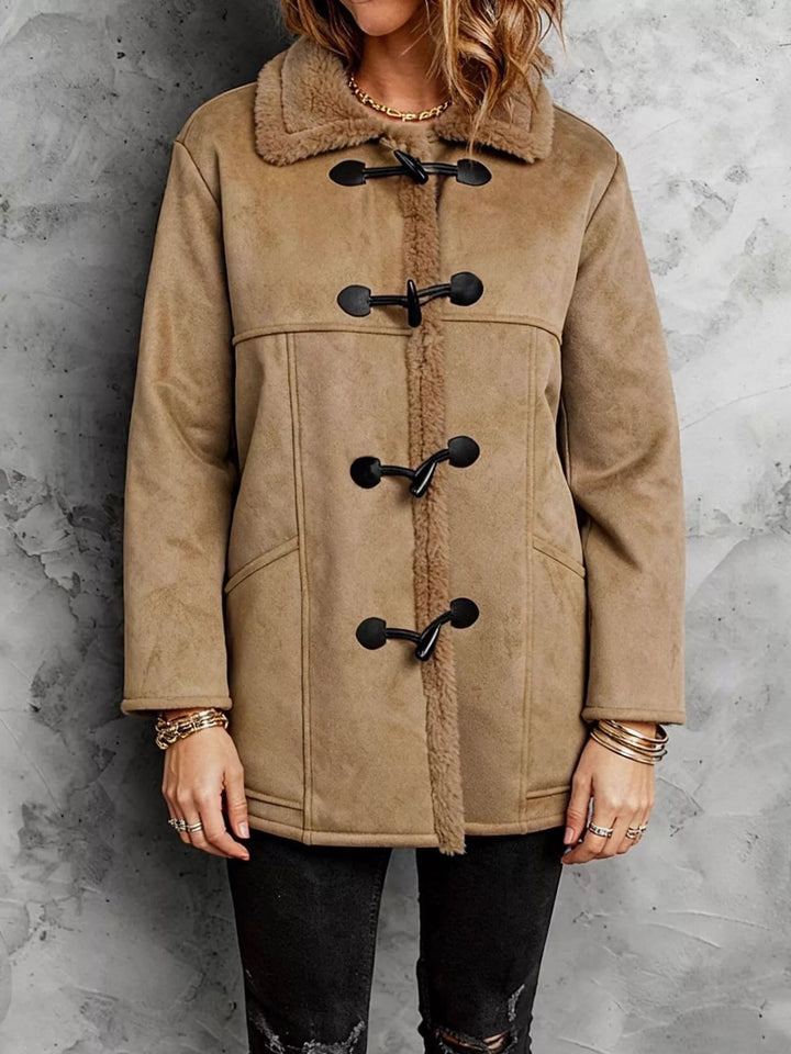 Faux suede sherpa-lined coat with toggle closures
