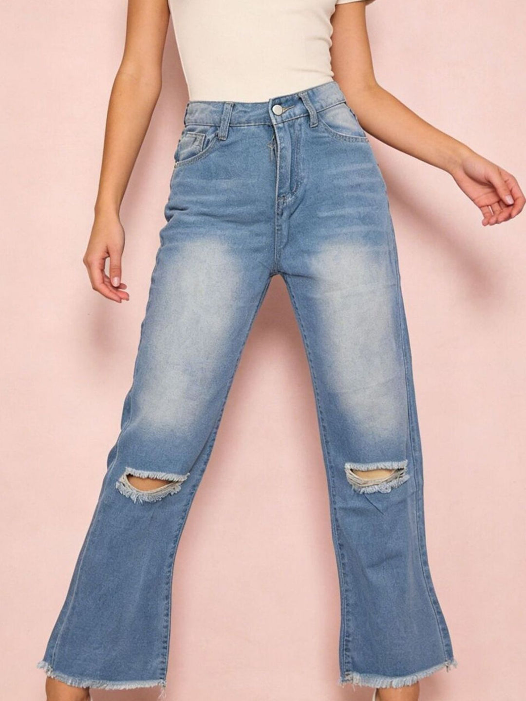 Light Blue Distressed high-rise cropped bootcut jeans with raw hem