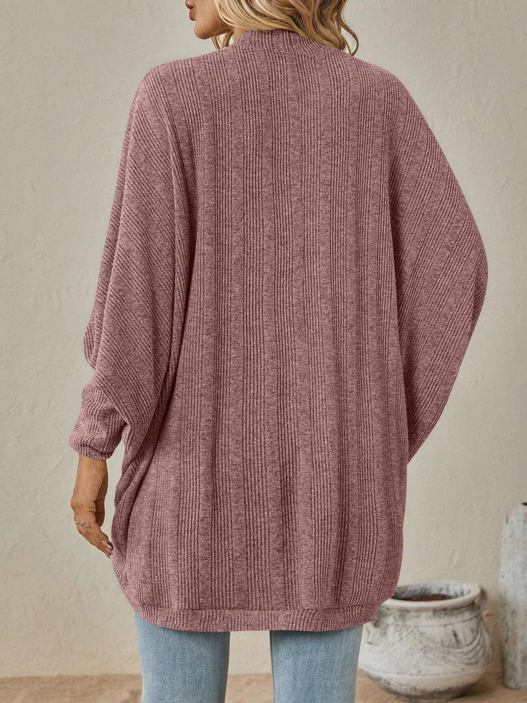 Ribbed open-front batwing sleeve cardigan