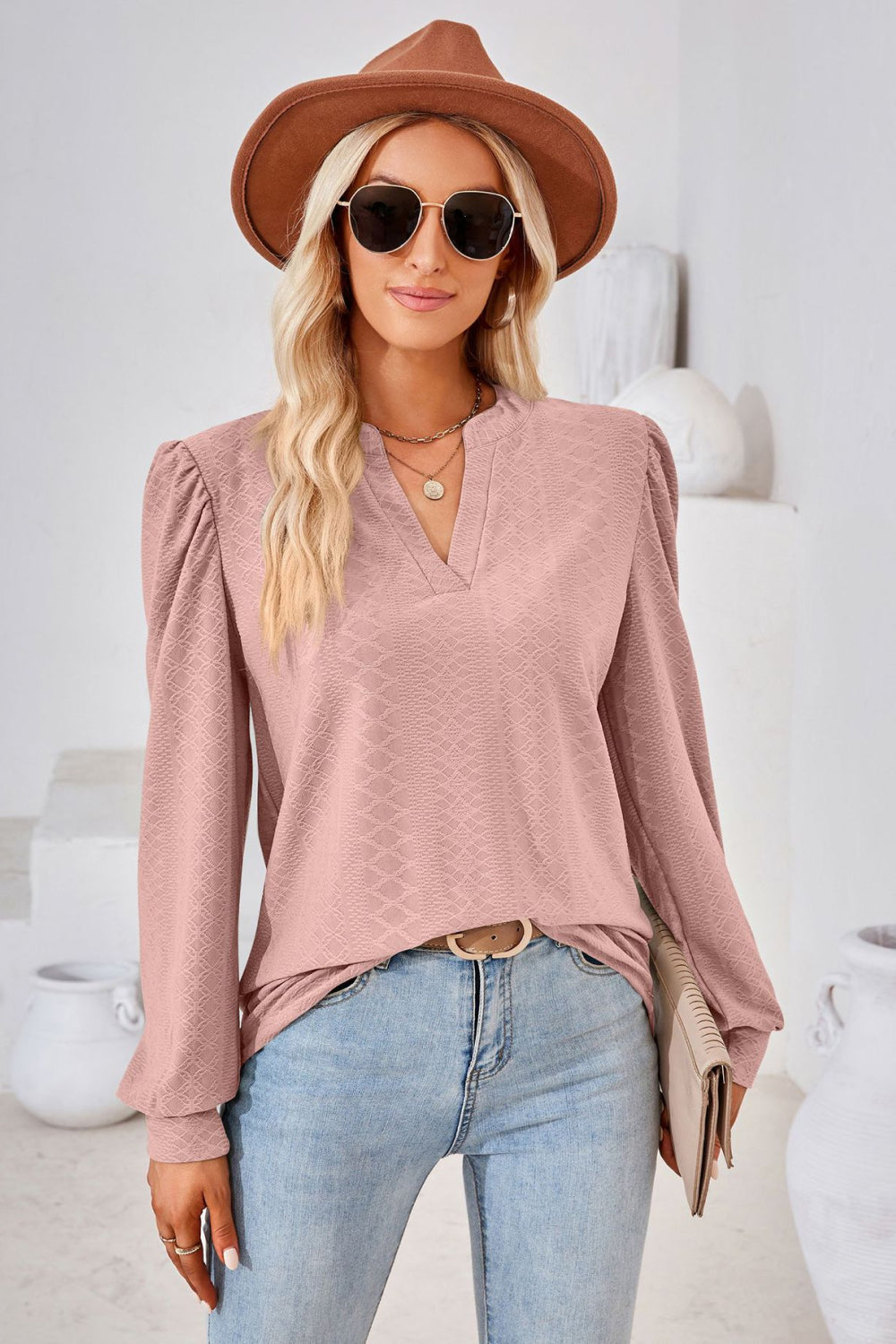 Dusty Pink Textured knit split-neck puff sleeve blouse