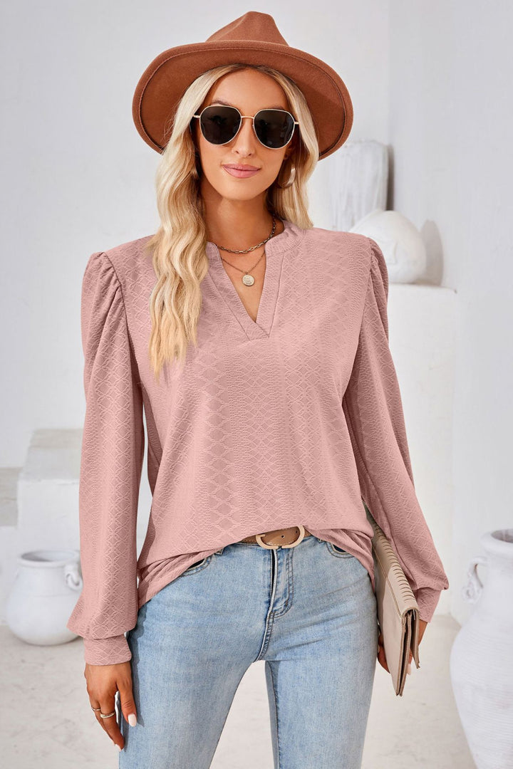 Dusty Pink Textured knit split-neck puff sleeve blouse