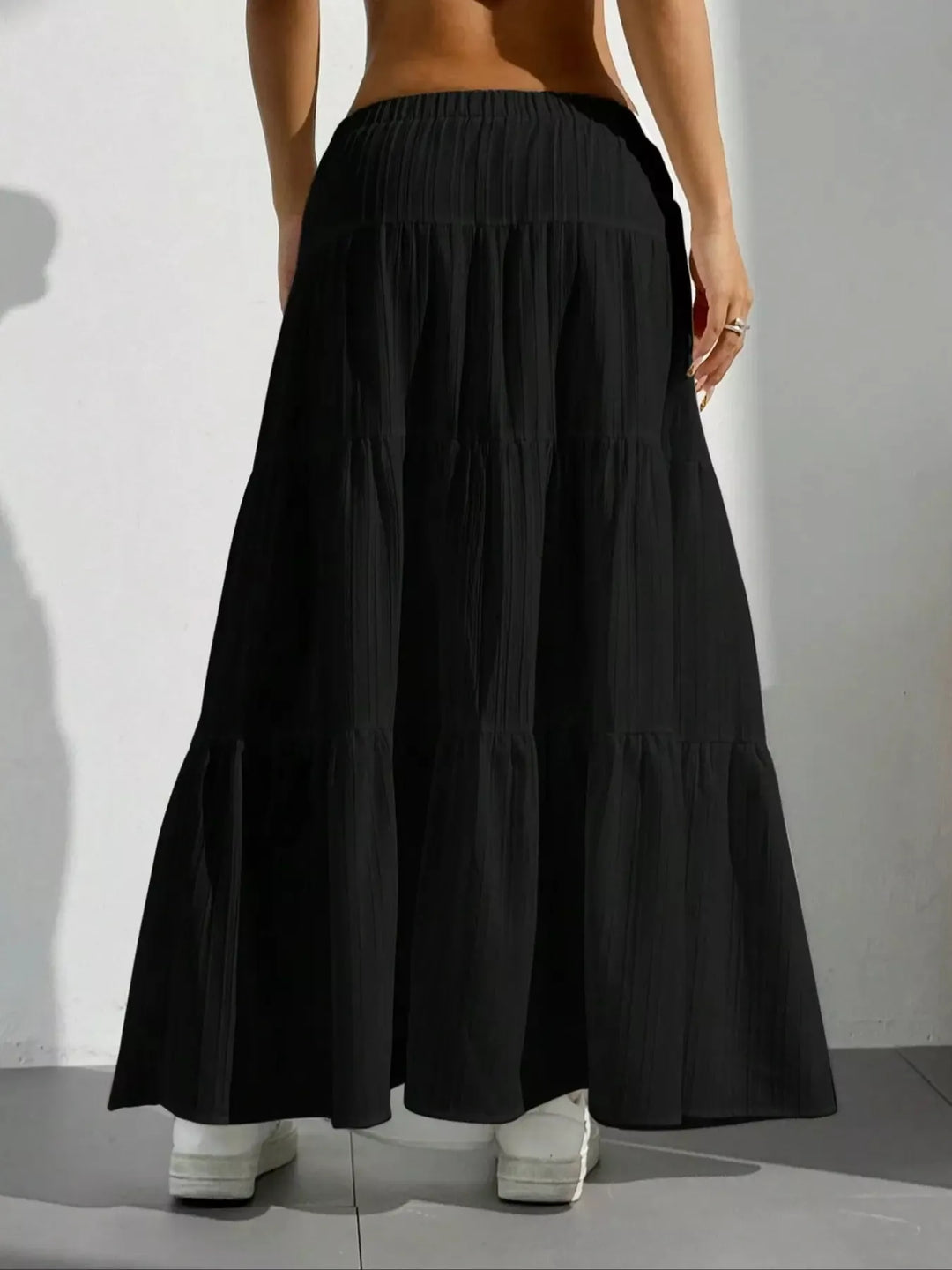 Tiered ruched maxi skirt with elastic waist