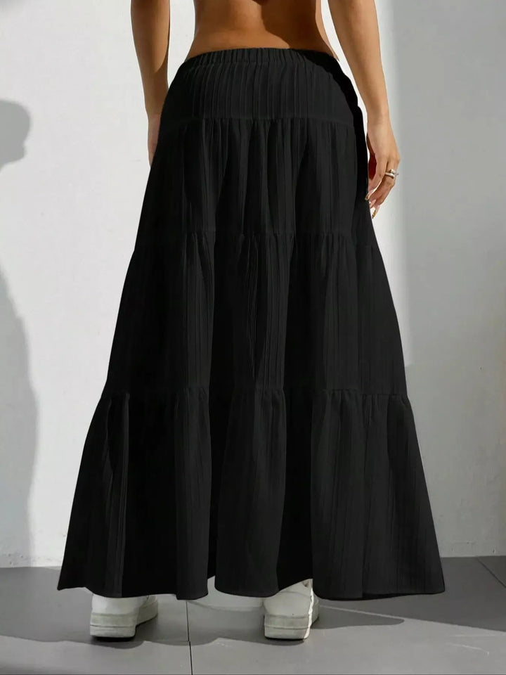 Tiered ruched maxi skirt with elastic waist