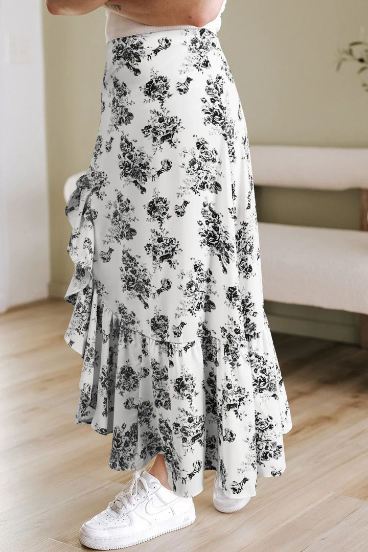 High-waist floral maxi skirt with ruffle and front slit