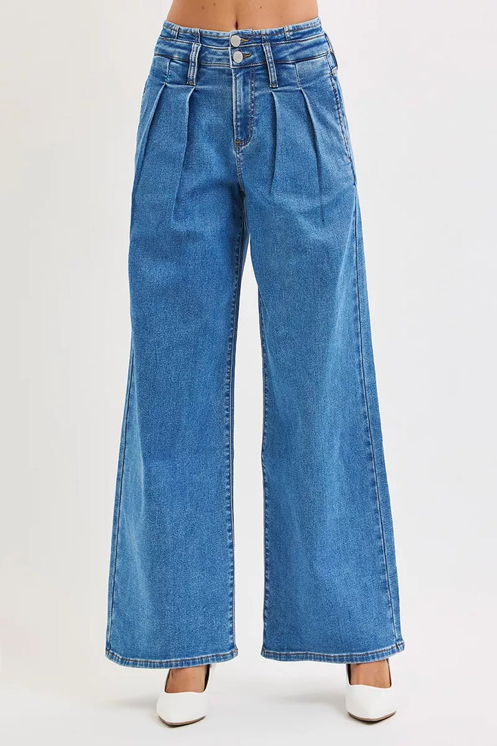 MEDIUM Pleated wide-leg mid-rise jeans with button waist