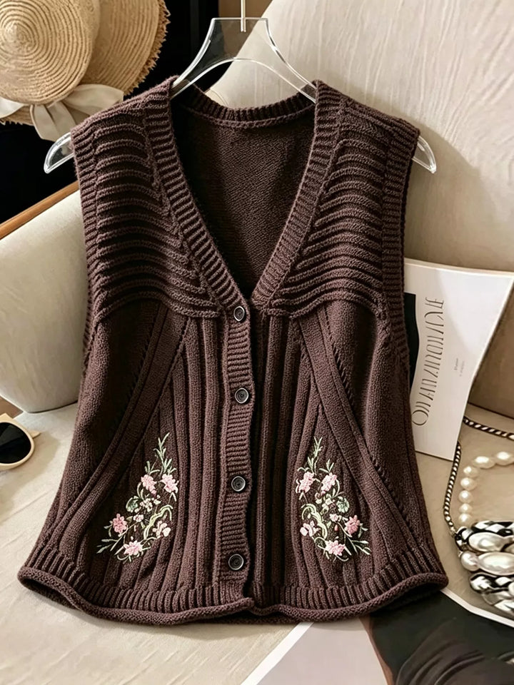 Dark Brown Floral embroidered knit sweater vest with button front