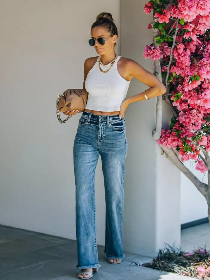 Blue High-rise wide leg jeans with raw frayed hem