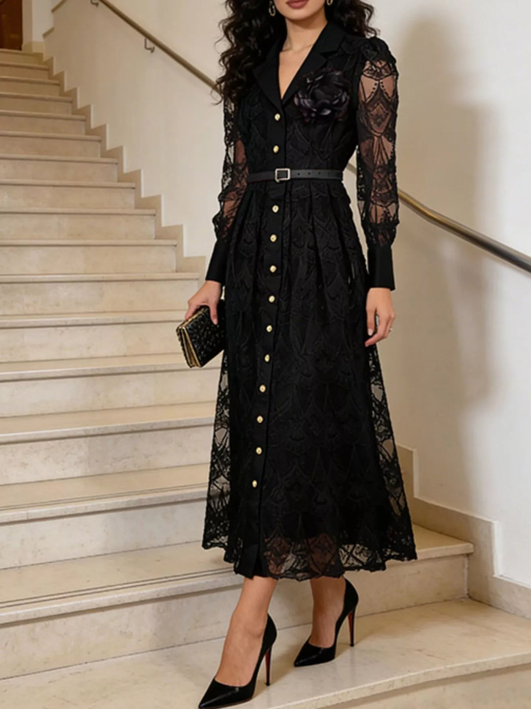 Black Belted lace button-front midi dress with notched collar