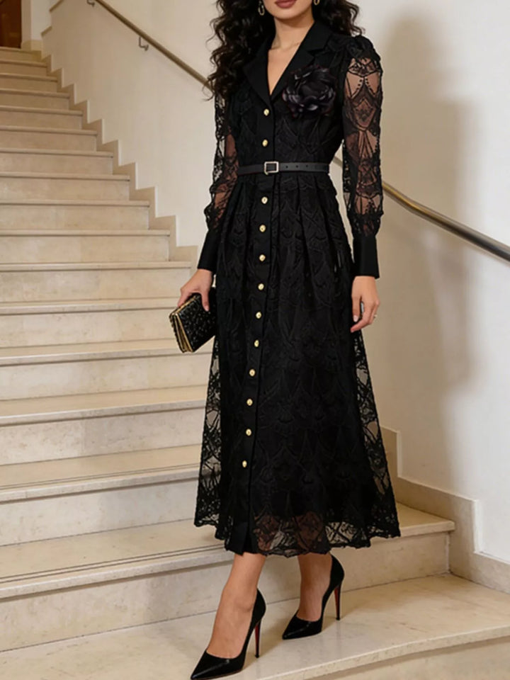 Black Belted lace button-front midi dress with notched collar