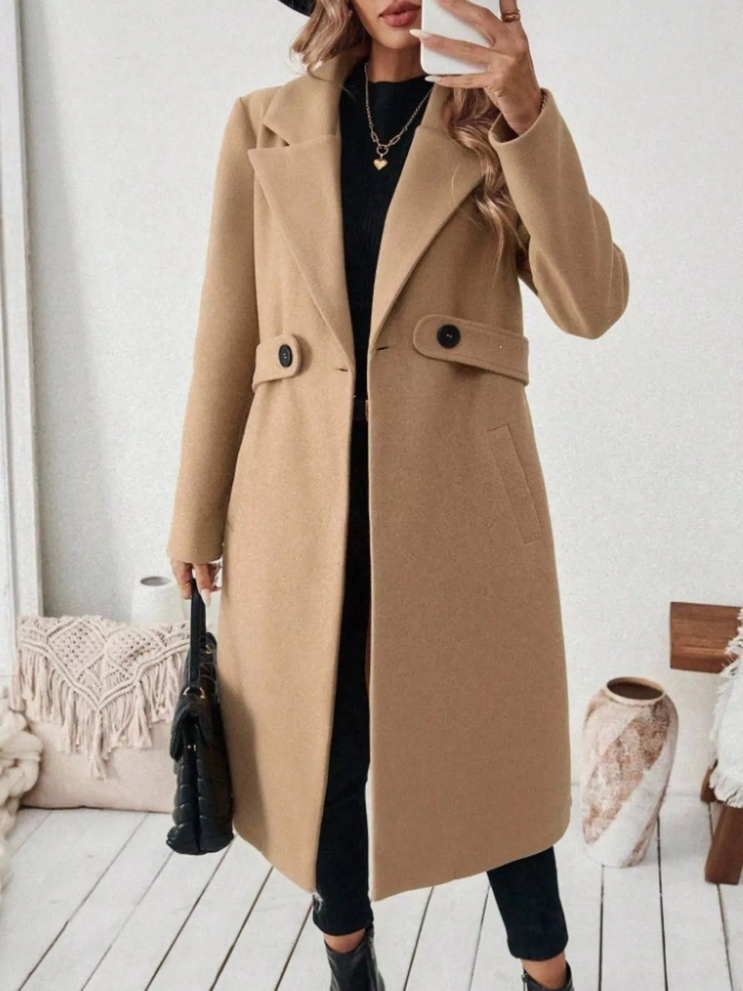 Notched lapel belted longline coat with side pockets