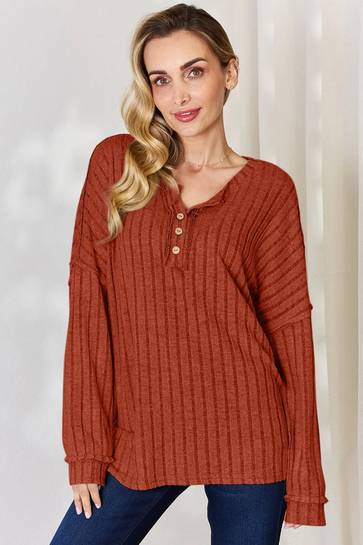 Rust Ribbed knit half-button henley long sleeve top