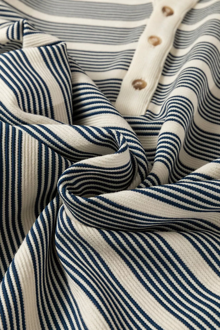 Striped notched neck midi dress with ruffle cap sleeves