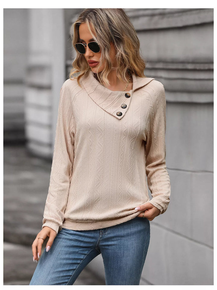 Apricot Textured knit long sleeve top with asymmetric button placket