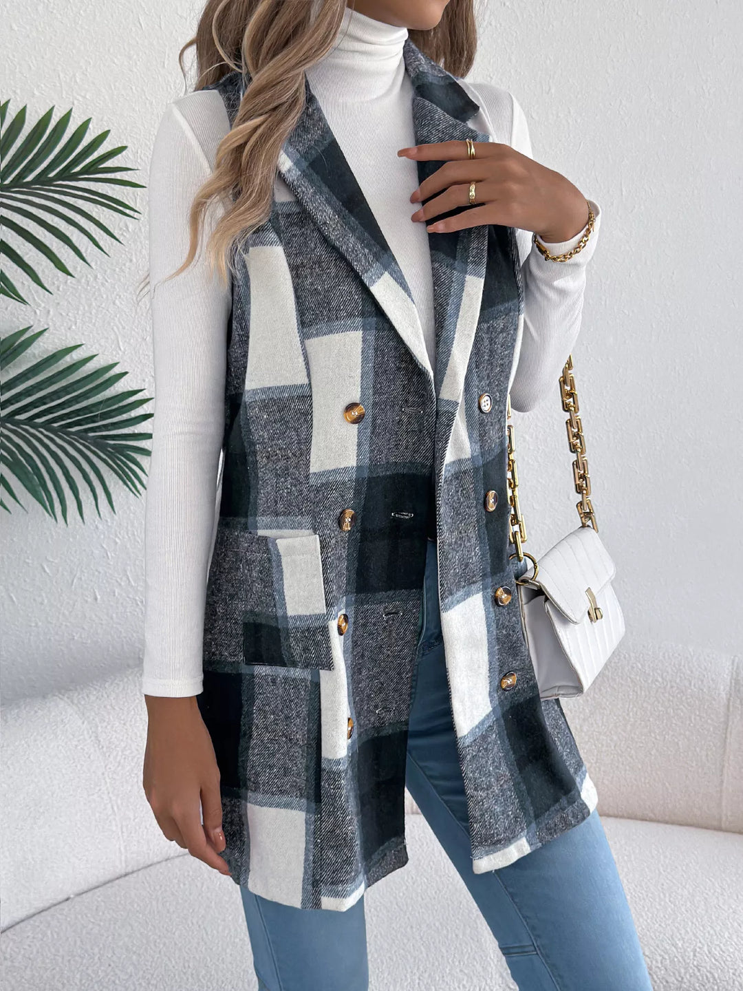 Plaid double-breasted longline vest coat with notched lapel