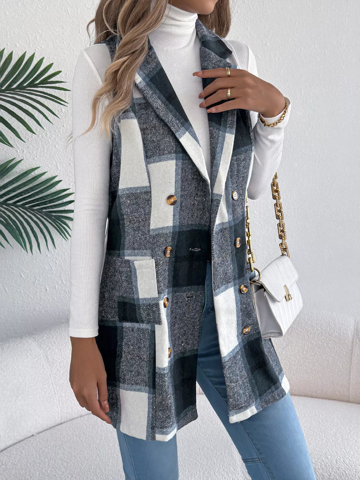Plaid double-breasted longline vest coat with notched lapel