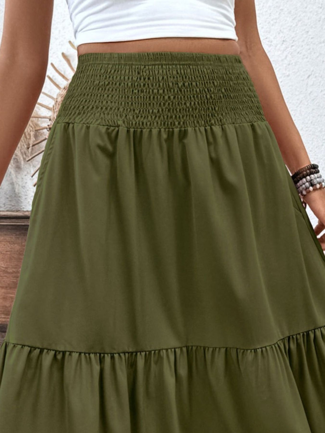 Smocked high-waist tiered ruffle maxi skirt