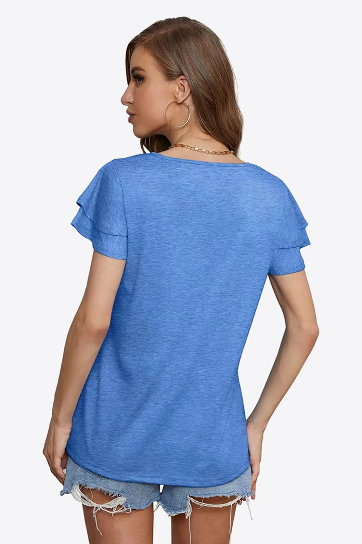 Tiered flutter sleeve blouse with split tie neck