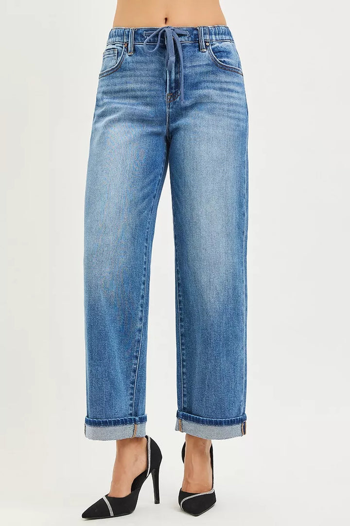 Drawstring slouch boyfriend jeans with cuffed ankle hem