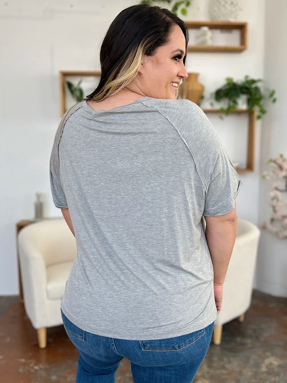 Relaxed bamboo V-neck short sleeve tee with side slits