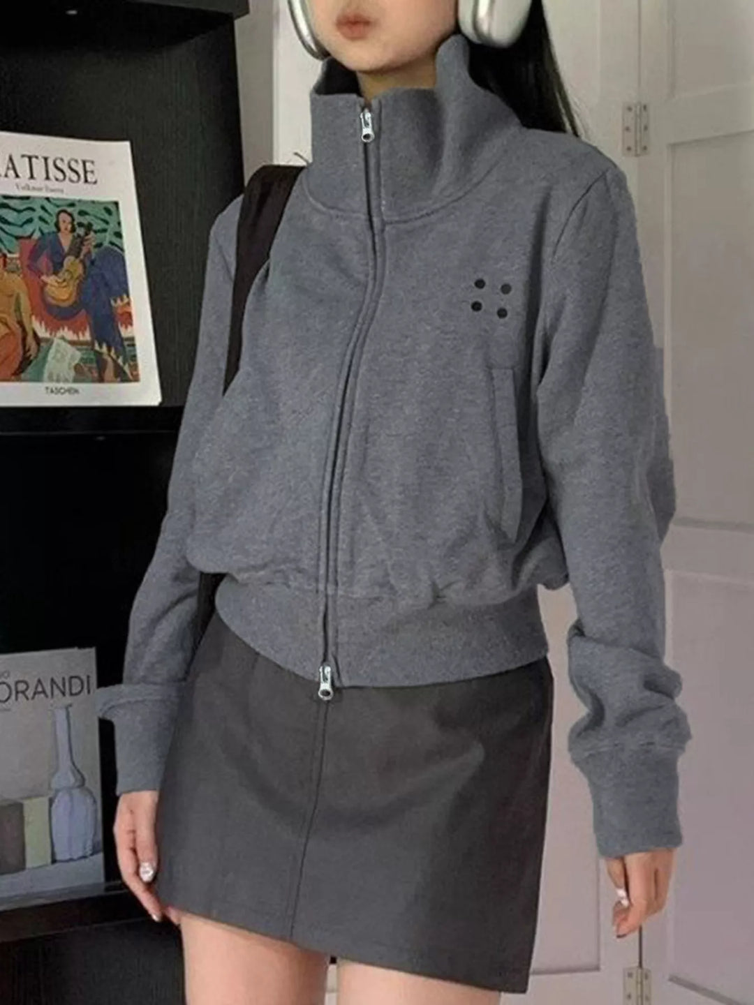Gray Cropped stand-collar zip-up jacket with two-way zipper