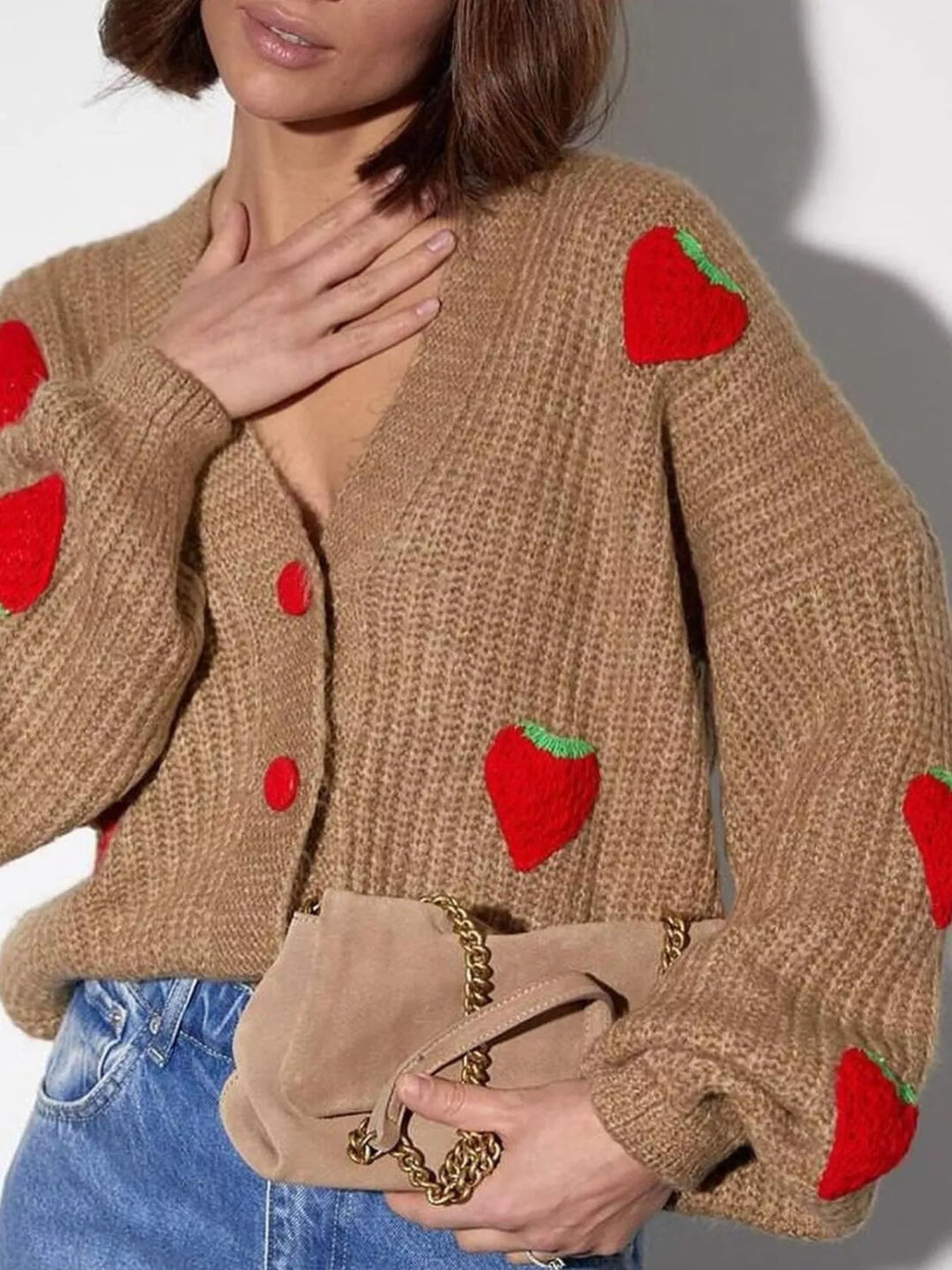 Caramel Strawberry applique chunky knit button-down cardigan