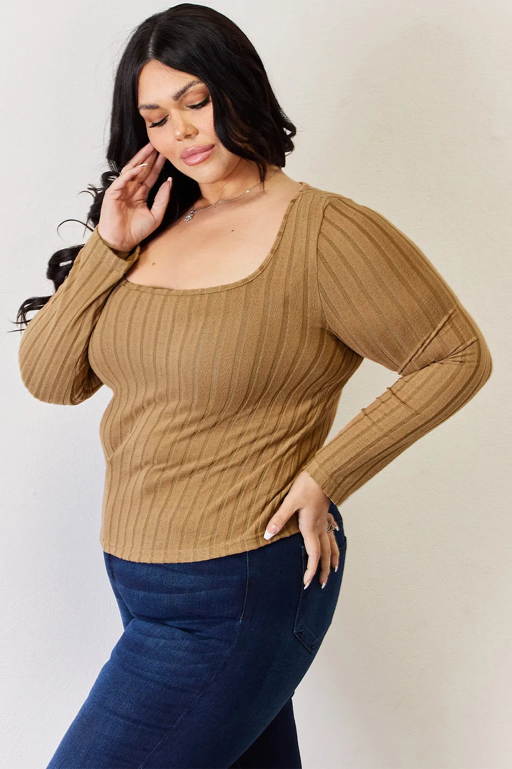 Ribbed scoop neck long sleeve fitted top