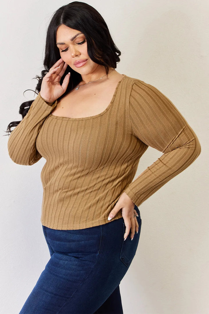 Ribbed scoop neck long sleeve fitted top