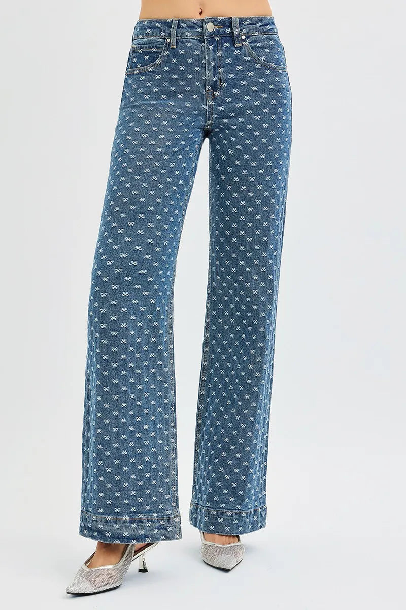 DARK Bow-embroidered high-rise wide leg jeans