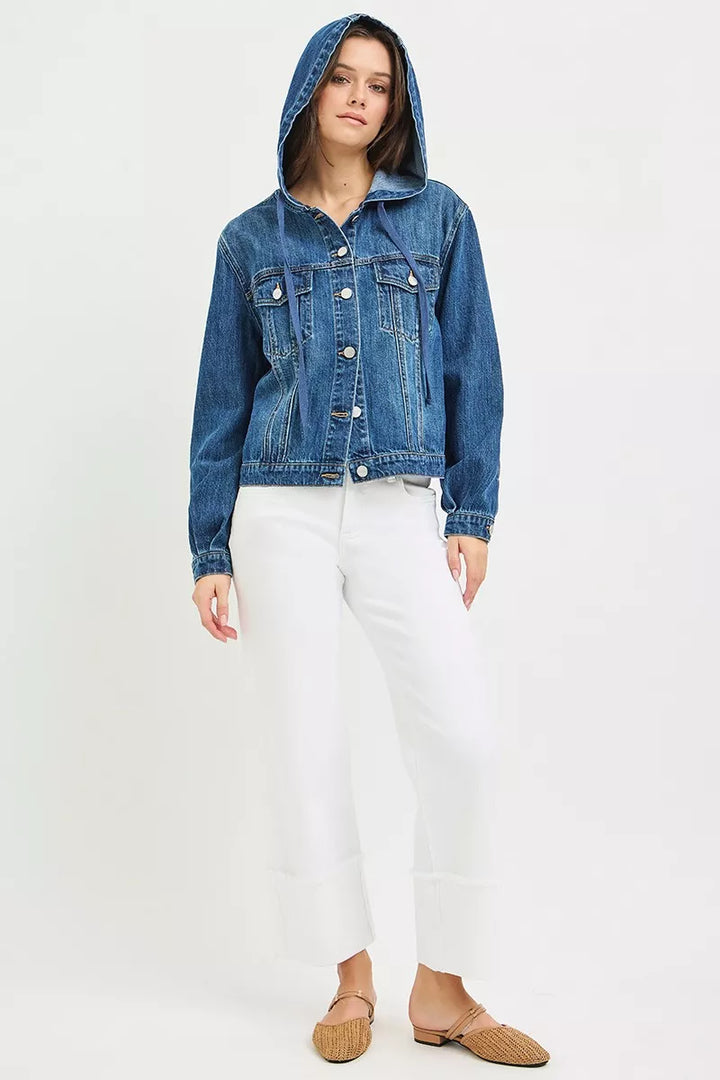 Hooded relaxed-fit denim jacket with drawstring