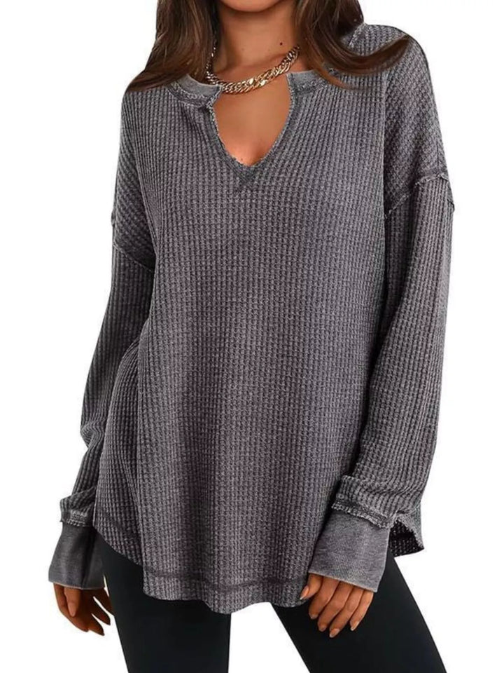 Dark Gray Waffle knit notched neck long sleeve tunic top