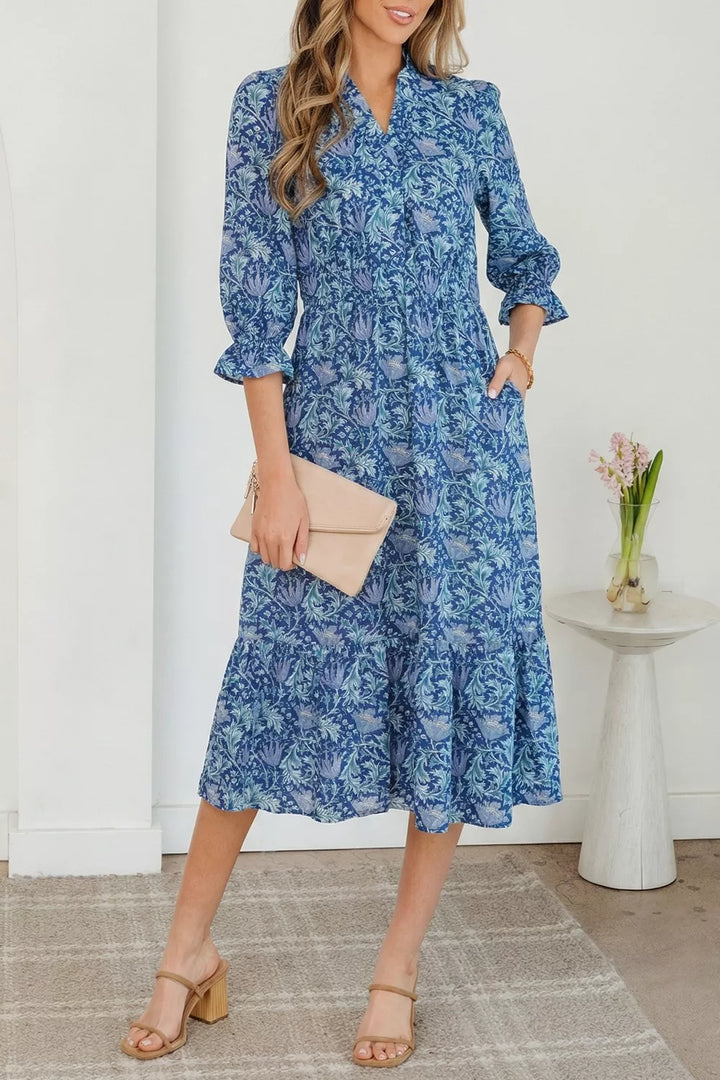 Dusty Blue Floral tiered midi dress with frilled bracelet sleeves