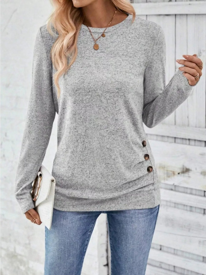 Decorative side-button long sleeve knit top