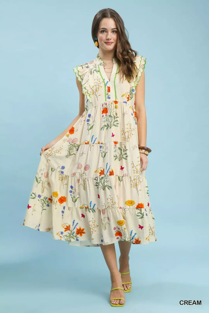 CREAM Floral tiered midi dress with scalloped ruffle trim