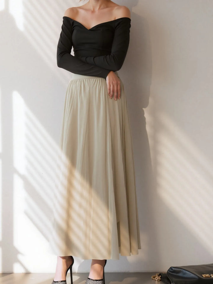 Beige High-waist pleated flowy midi skirt