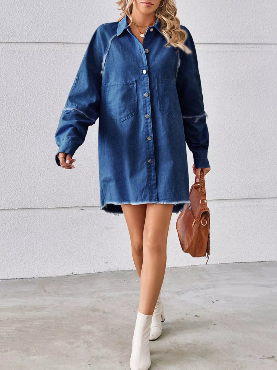 Oversized button-down raw hem denim shirt dress