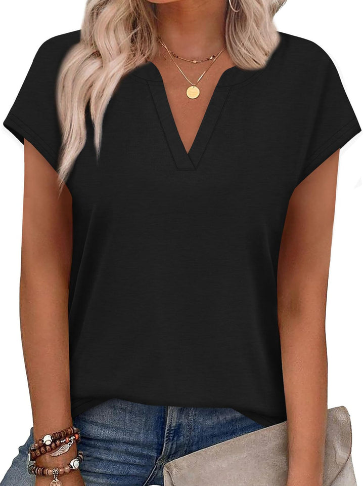 Notched V-neck short sleeve relaxed knit top